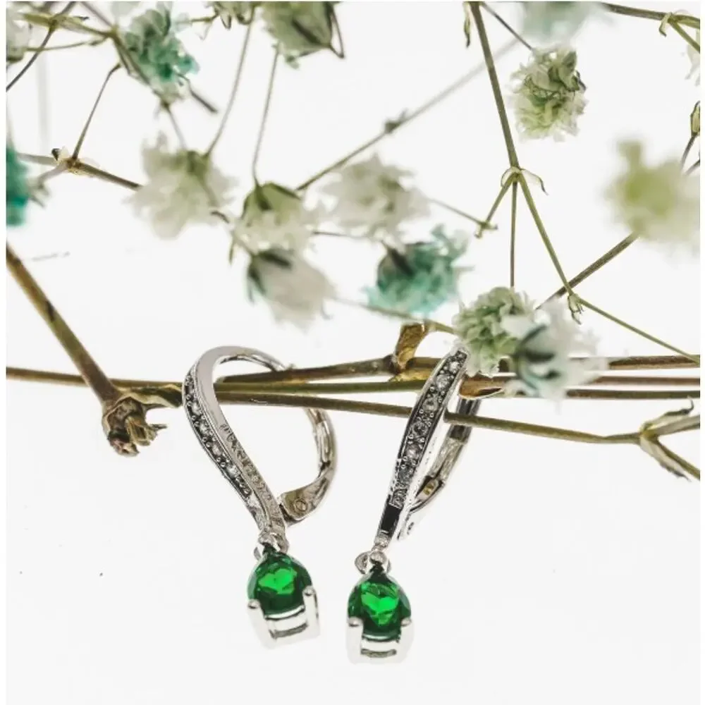925 Sterling Silver Emerald & CZ Earrings